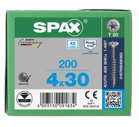 SPAX Senkkopf T-STAR plus - Teilgewinde Edelstahl A2 1.4567  T20  -  4x30  -  200 Stk