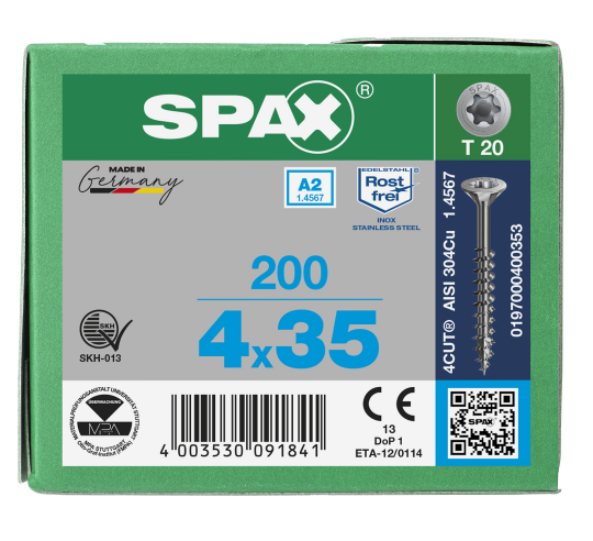 SPAX Senkkopf T-STAR plus - Teilgewinde Edelstahl rostfrei A2 1.4567  T20  -  4x35  -  200 Stk