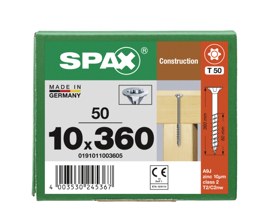 SPAX Senkkopf 10 mm T-STAR plus - Teilgewinde WIROX A3J  T50  -  10x360  -  50 Stk