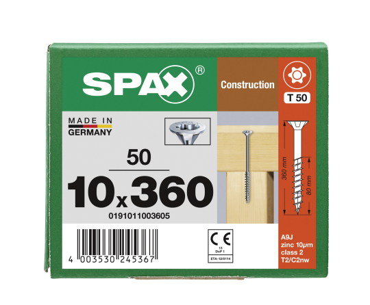 SPAX Senkkopf 10 mm T-STAR plus - Teilgewinde WIROX A3J  T50  -  10x360  -  50 Stk