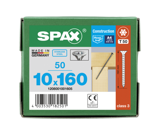 SPAX Senkkopf 10 mm T-STAR plus - Vollgewinde Edelstahl rostfrei A4 1.4578  T50 10x160  -  50 Stk