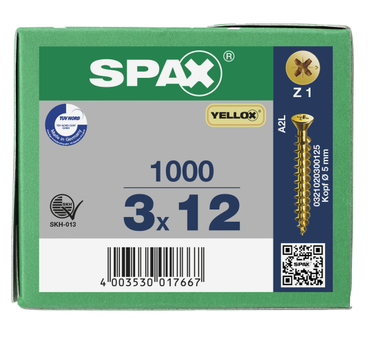 SPAX Senkkopf Kreuzschlitz Z kleiner Kopf Vollgewinde YELLOX A2L  PZ1  -  3x12  -  1000 Stk