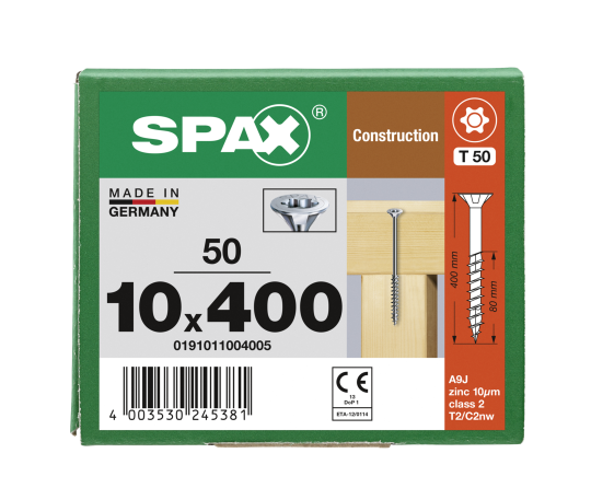 SPAX Senkkopf 10 mm T-STAR plus - Teilgewinde WIROX A3J  T50  -  10x400  -  50 Stk