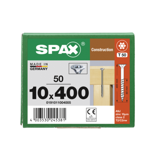 SPAX Senkkopf 10 mm T-STAR plus - Teilgewinde WIROX A3J  T50  -  10x400  -  50 Stk