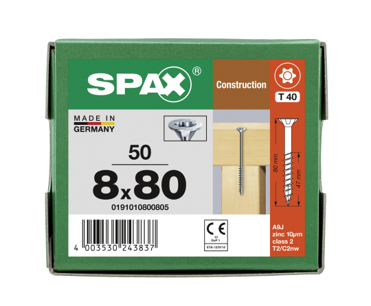 SPAX Senkkopf 8 mm T-STAR plus  Teilgewinde WIROX A3J  8x80 - 50 Stk