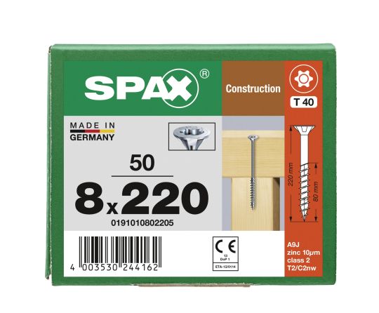 SPAX Senkkopf 8 mm T-STAR plus - Teilgewinde WIROX A3J  T40  -  8x220  -  50 Stk