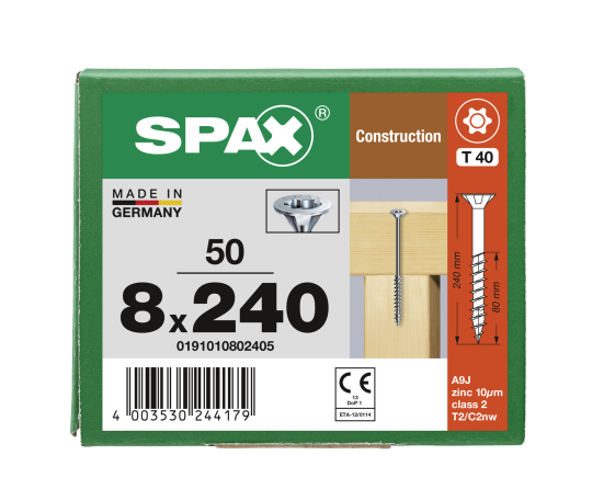 SPAX Senkkopf 8 mm T-STAR plus - Teilgewinde WIROX A3J  T40  -  8x240  -  50 Stk