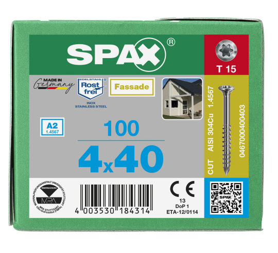 SPAX Linsensenkkopf mit sehr kleinem Kopf, T-STAR plus, CUT-Spitze, Teilgewinde, Edelstahl rostfrei A2    1.4567   4x40 - 100 Stk