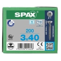 SPAX Senkkopf Kreuzschlitz Z - Vollgewinde Edelstahl rostfrei A2 1.4567      PZ1  -  3x40  -  200 Stk