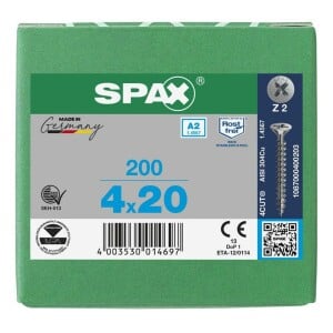 SPAX Senkkopf Kreuzschlitz Z - Vollgewinde Edelstahl rostfrei A2 1.4567      PZ2  -  4x20  -  200 Stk