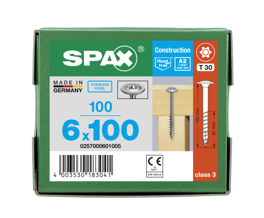 SPAX Tellerkopf 6 mm T-STAR plus 4CUT Teilgewinde Edelstahl rostfrei A2 1.4567  6x100 - 100 Stk