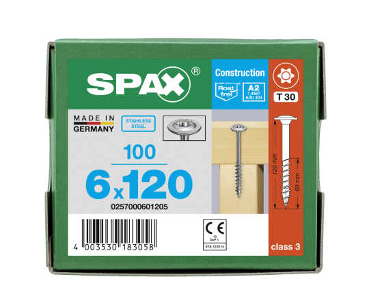 SPAX Tellerkopf 6 mm T-STAR plus 4CUT Teilgewinde Edelstahl rostfrei A2 1.4567  6x120 - 100 Stk