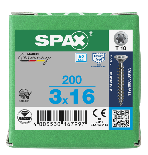 SPAX Senkkopf T-STAR plus - Vollgewinde Edelstahl rostfrei A2 1.4567      T10  -  3x16  -  200 Stk