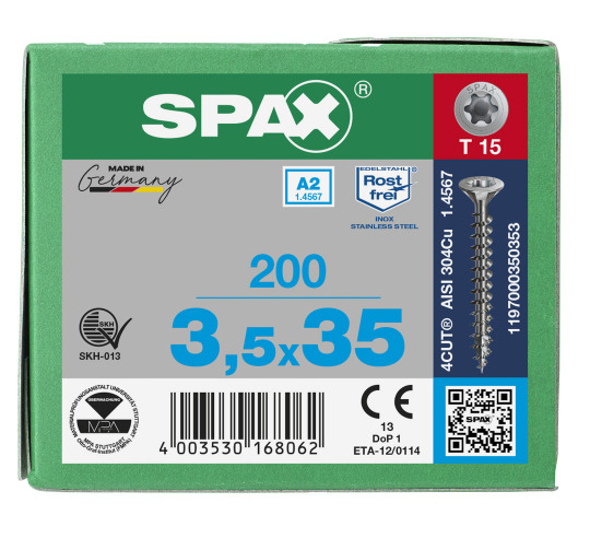 SPAX Senkkopf T-STAR plus - Vollgewinde Edelstahl rostfrei A2 1.4567      T15  -  3,5x35  -  200 Stk