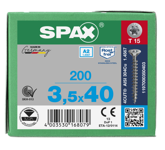 SPAX Senkkopf T-STAR plus - Vollgewinde Edelstahl rostfrei A2 1.4567      T15  -  3,5x40  -  200 Stk