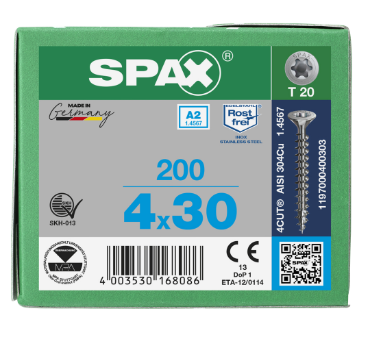 SPAX Senkkopf T-STAR plus - Vollgewinde Edelstahl rostfrei A2 1.4567      T20  -  4x30  -  200 Stk