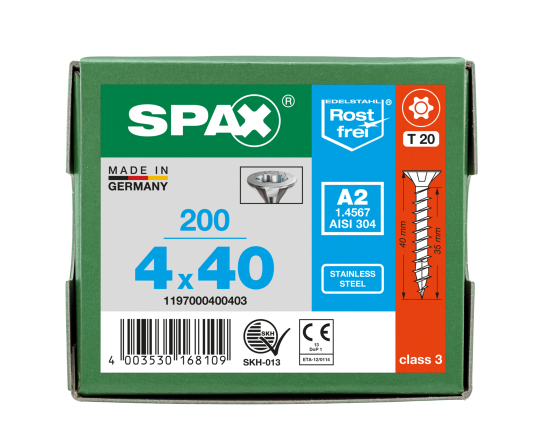 SPAX Senkkopf T-STAR plus - Vollgewinde Edelstahl rostfrei A2 1.4567      T20  -  4x40  -  200 Stk