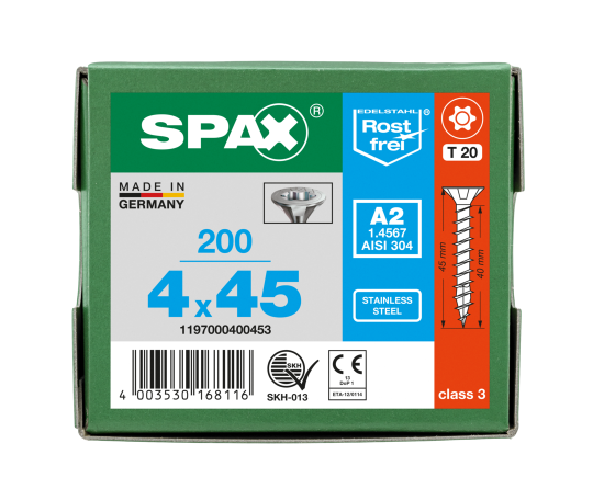 SPAX Senkkopf T-STAR plus - Vollgewinde Edelstahl rostfrei A2 1.4567      T20  -  4x45  -  200 Stk