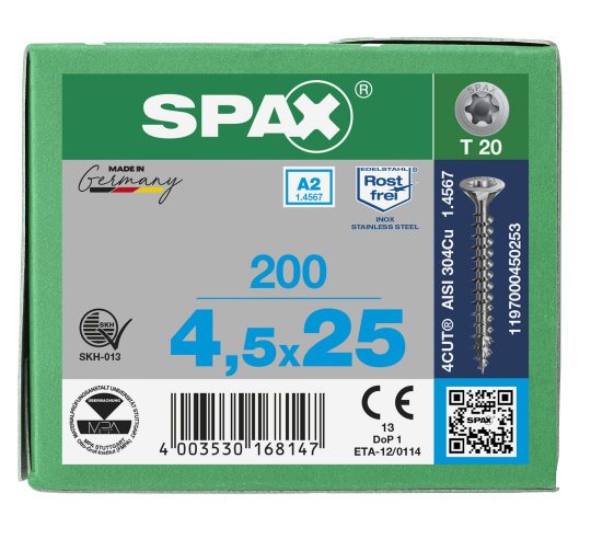 SPAX Senkkopf T-STAR plus - Vollgewinde Edelstahl rostfrei A2 1.4567      T20  -  4,5x25  -  200 Stk