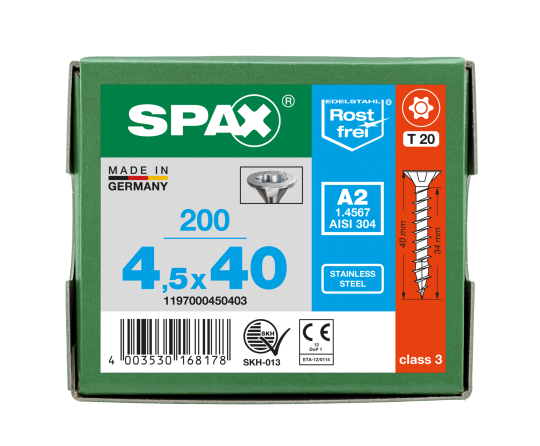 SPAX Senkkopf T-STAR plus - Vollgewinde Edelstahl rostfrei A2 1.4567      T20  -  4,5x40  -  200 Stk