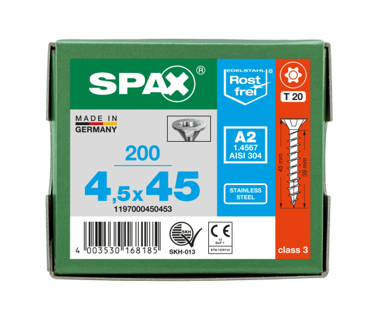 SPAX Senkkopf T-STAR plus - Vollgewinde Edelstahl rostfrei A2 1.4567      T20  -  4,5x45  -  200 Stk