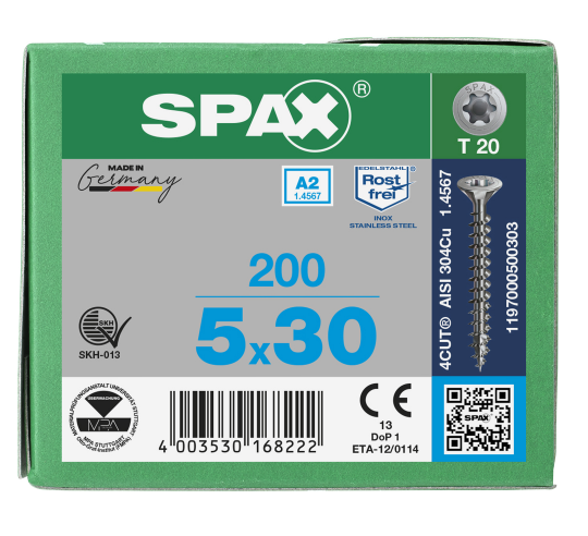 SPAX Senkkopf T-STAR plus - Vollgewinde Edelstahl rostfrei A2 1.4567      T20  -  5x30  -  200 Stk