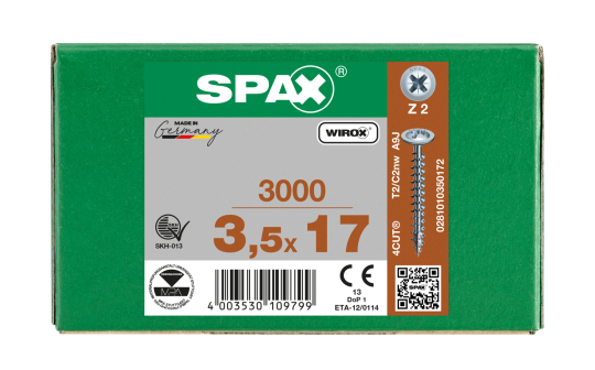 SPAX Rückwandschraube Kreuzschlitz Z 4CUT Vollgewinde WIROX A3J  3,5x17  -  3000 Stk