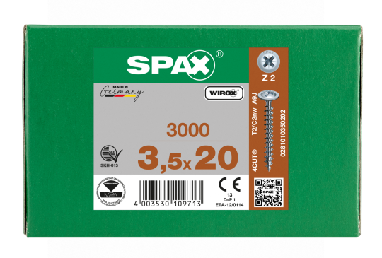 SPAX Rückwandschraube Kreuzschlitz Z 4CUT Vollgewinde WIROX A3J  3,5x20  -  3000 Stk