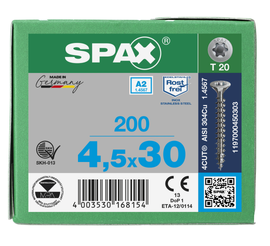 SPAX Senkkopf T-STAR plus - Vollgewinde Edelstahl rostfrei A2 1.4567      T20  -  4,5x30  -  200 Stk