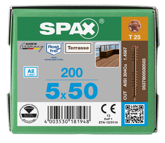 SPAX Terrassenschraube T-STAR plus CUT Fixiergewinde Edelstahl rostfrei  A2 antik 1.4567  5x50 - 200 Stk