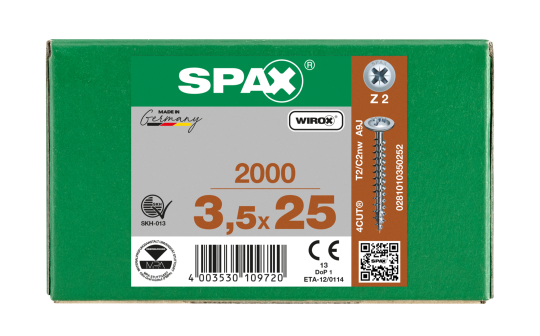 SPAX Rückwandschraube Kreuzschlitz Z 4CUT Vollgewinde WIROX A3J  3,5x25  -  2000 Stk