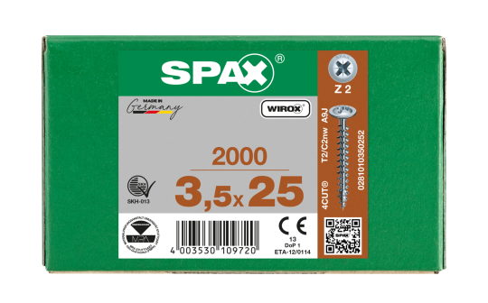 SPAX Rückwandschraube Kreuzschlitz Z 4CUT Vollgewinde WIROX A3J  3,5x25  -  2000 Stk