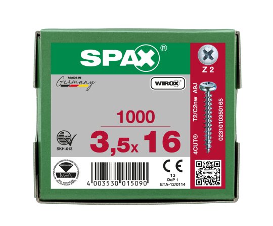 SPAX Halbrundkopf Kreuzschlitz Z 4CUT Vollgewinde WIROX A3J  3,5x16  -  1000 Stk