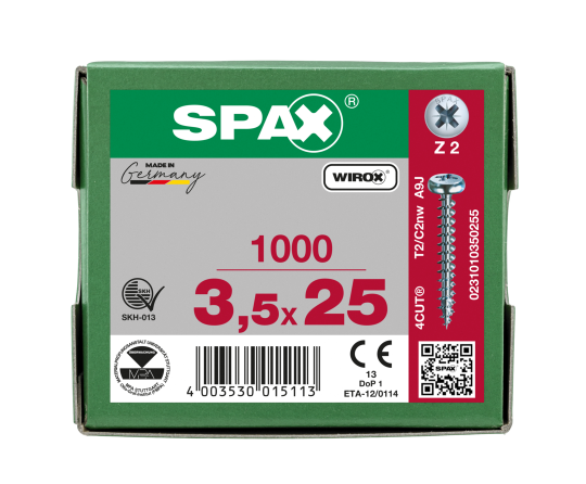 SPAX Halbrundkopf Kreuzschlitz Z 4CUT Vollgewinde WIROX A3J  3,5x25  -  1000 Stk