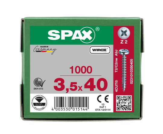 SPAX Halbrundkopf Kreuzschlitz Z 4CUT Vollgewinde WIROX A3J  3,5x40  -  1000 Stk