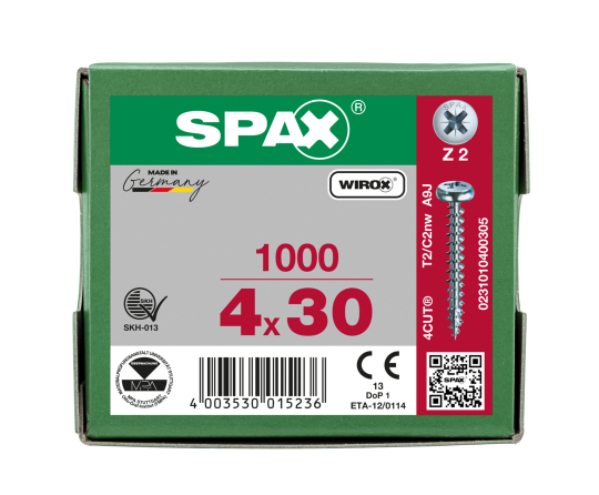 SPAX Halbrundkopf Kreuzschlitz Z 4CUT Vollgewinde WIROX A3J  4x30  -  1000 Stk