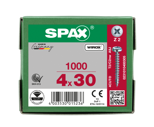 SPAX Halbrundkopf Kreuzschlitz Z 4CUT Vollgewinde WIROX A3J  4x30  -  1000 Stk