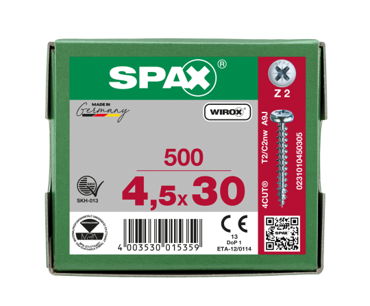 SPAX Halbrundkopf Kreuzschlitz Z 4CUT Vollgewinde WIROX A3J  4,5x30  -  500 Stk