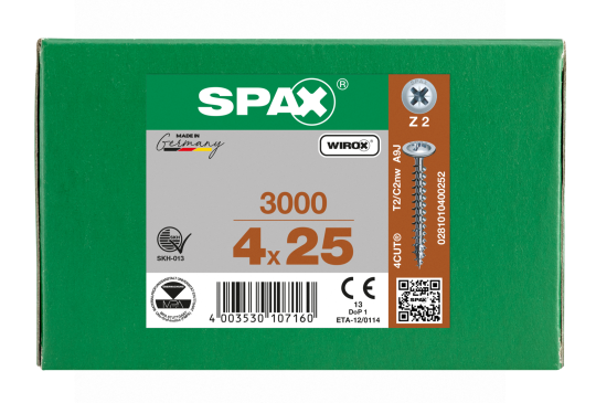 SPAX Rückwandschraube Kreuzschlitz Z 4CUT Vollgewinde WIROX A3J  4x25  -  3000 Stk