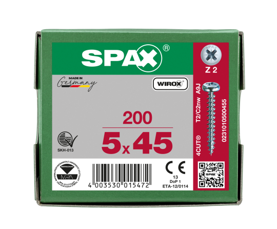 SPAX Halbrundkopf Kreuzschlitz Z 4CUT Vollgewinde WIROX A3J  5x45  -  200 Stk