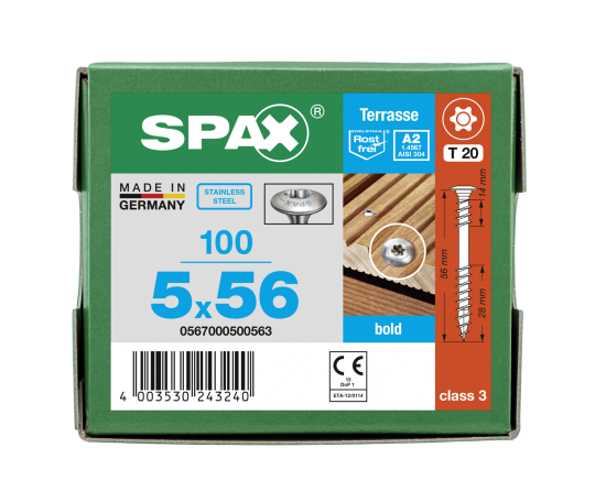 SPAX Terrassenschraube Zierkopf Bold, T-STAR plus, mit 4CUT, Fixiergewinde, Edelstahl rostfrei A2 1.4567  5x56 - 100 Stk