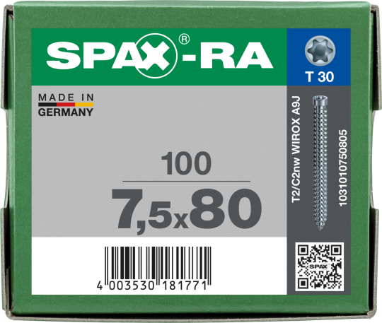 SPAX-RA Zylinderkopf T-STAR plus Vollgewinde WIROX A3J  7,5x80 - 100 Stk
