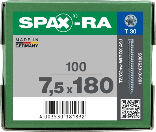 SPAX-RA Zylinderkopf T-STAR plus Vollgewinde WIROX A3J  7,5x180 - 100 Stk
