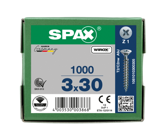 SPAX Senkkopf Kreuzschlitz Z - Vollgewinde WIROX A3J  PZ1  -  3x30  -  1000 Stk